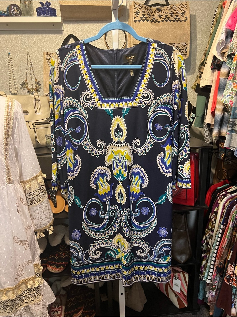 Laundry By Shelli Segal Navy Multicolor Paisley Shift Dress